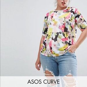 ASOS Curve T-Shirt with Ruched Sleeves in Abstract